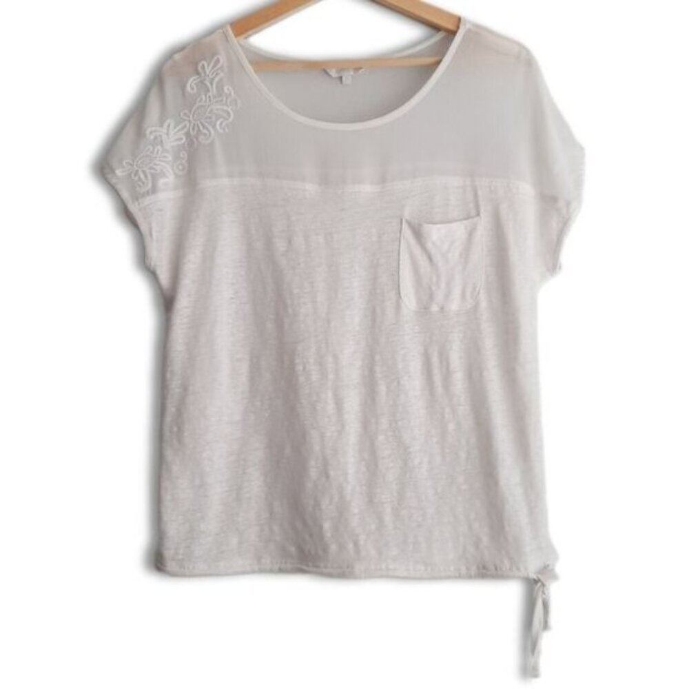 RW&CO Linen Top Semi-Sheer Floral Embroidered Yoke White Top Sz L